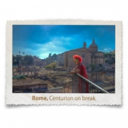 A Roman Centurion takes a smoke break, while overlooking the Roman ruins.
